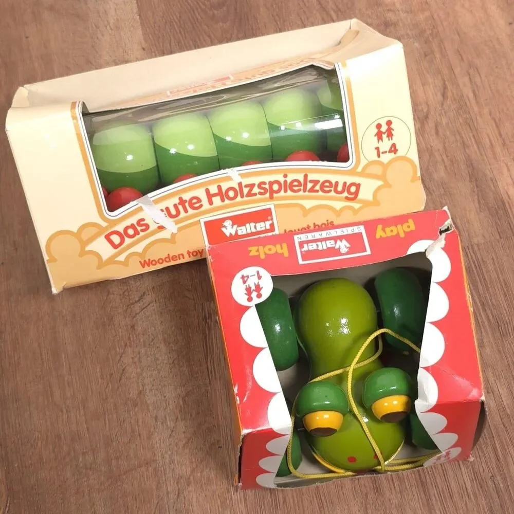 Walter Spielwaren Wooden Pull Along Toy Bundle Frog + Caterpillar West Germany‎
